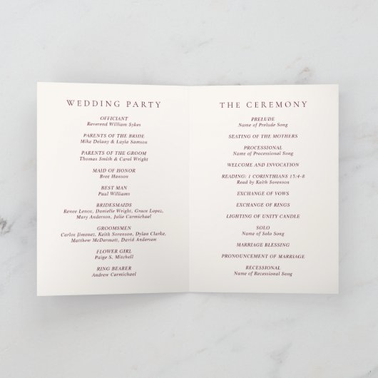 Deep Burgundy Elegant Classic Wedding Programma (Binnen)