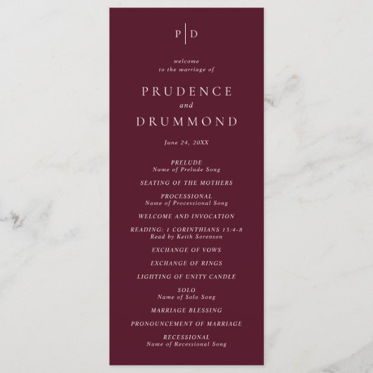 Deep Burgundy Elegant Classic Wedding Programma (Voorkant)