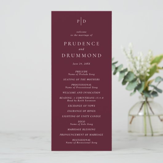 Deep Burgundy Elegant Classic Wedding Programma (Staand voorkant)