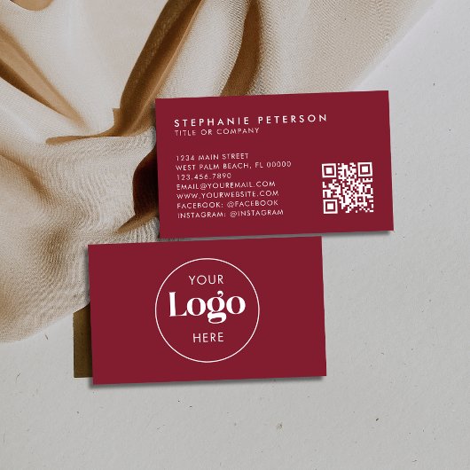 Deep Burgundy Elegant Custom Company Logo QR Code Visitekaartje