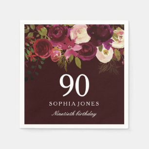 Deep Burgundy Floral Boho 90th Birthday Party Servetten