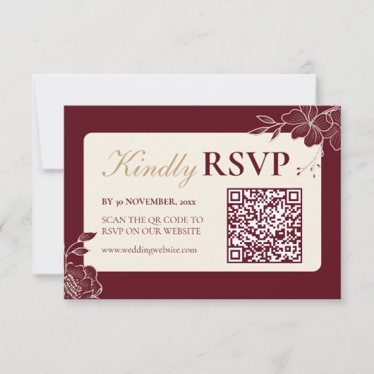 Deep Burgundy Floral Wedding RSVP with QR Code (Devant)