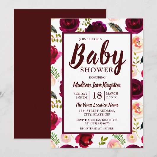 Deep Burgundy Flowers Boho Baby shower Uitnodiging (Voorkant / Achterkant)