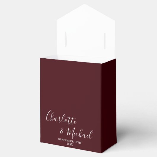 Deep Burgundy Script Minimalist Wedding Bedankdoosjes (Geopend)
