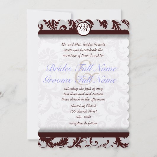 Deep Chocolate Brown Damask Wedding Invitation Kaart (Voorkant)