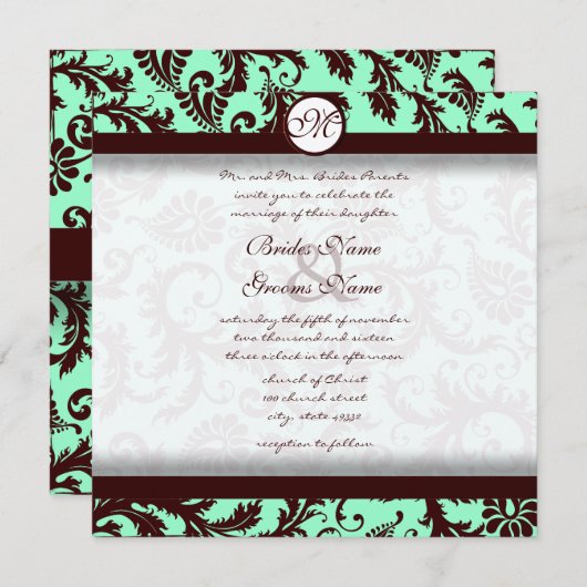 Deep Chocolate Brown Damask Wedding Invitation Kaart (Voorkant / Achterkant)