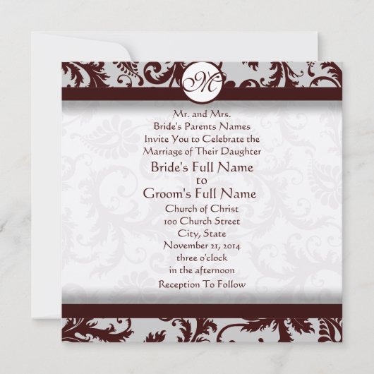 Deep Chocolate Brown Damask Wedding Invitation Kaart (Voorkant)