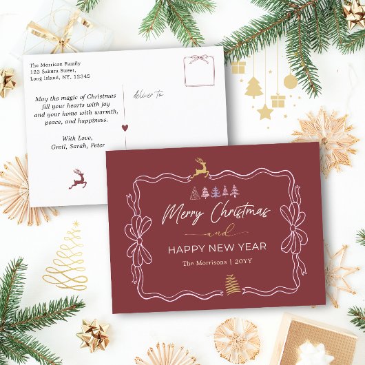 Deep Crimson : Bow & Trees Doodles Carte postale d