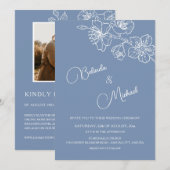 Deep Dusty Blue White Floral | Photo Wedding Kaart (Voorkant / Achterkant)