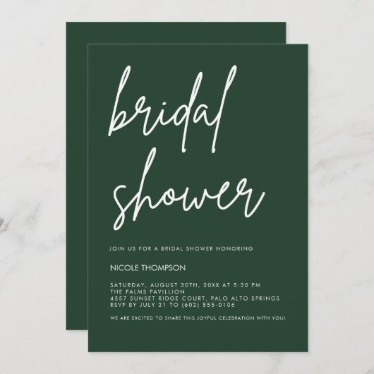 Deep Forest Green Modern Bridal Shower Invitation  (Devant / Derrière)