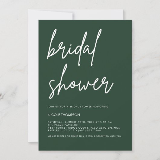 Deep Forest Green Modern Bridal Shower Invitation  Kaart (Voorkant)