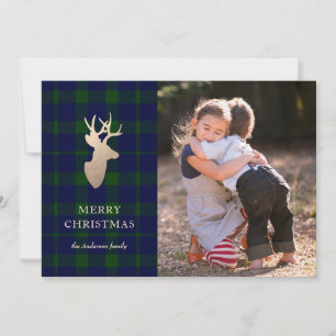 Deep Forest Plaid Gouden Herten Kerstmis Fotokaart Feestdagenkaart