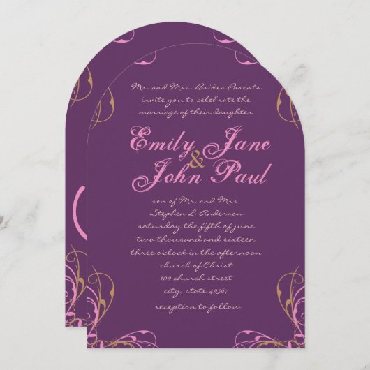 Deep Grape Coral Lila Flower Wedding Invitation Kaart (Voorkant / Achterkant)
