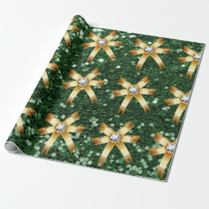 Deep Green Faux Glitter Gold Diamond Bows Cadeaupapier