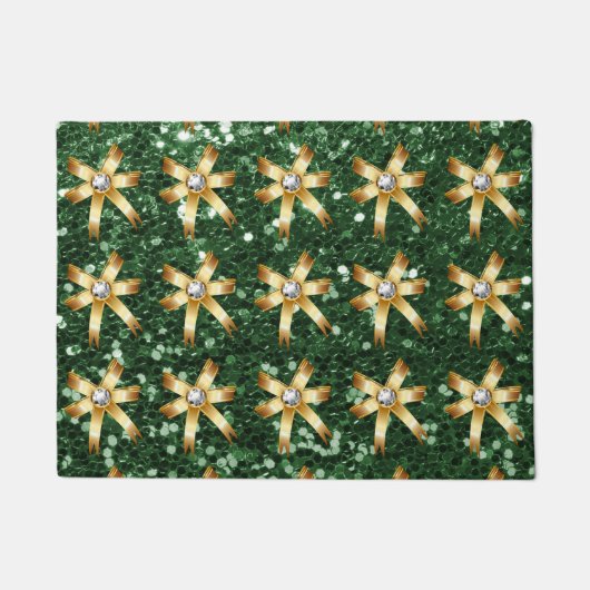 Deep Green Faux Glitter Gold Diamond Bows Deurmat (Voorkant)