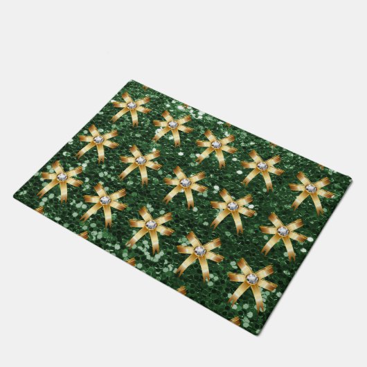 Deep Green Faux Glitter Gold Diamond Bows Deurmat (Schuin)