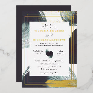 Deep Green Gold Abstract Boho Wedding Invitation Folie Uitnodiging