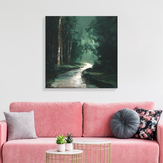 Deep Green Mysterious Woods Abstract Path ART Canvas Afdruk (Insitu (Woonkamer))