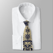 Deep Indigo Blue Swirls en Taupe Damask Monogram Stropdas (Gebonden)
