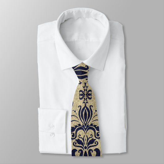 Deep Indigo Blue Swirls en Taupe Damask Monogram Stropdas (Gebonden)