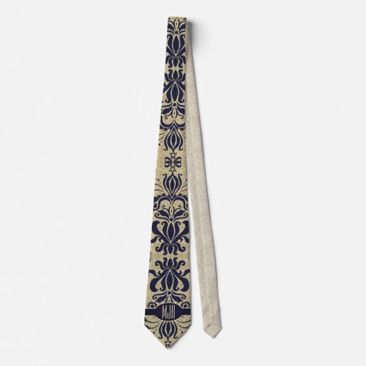 Deep Indigo Blue Swirls en Taupe Damask Monogram Stropdas (Voorkant)