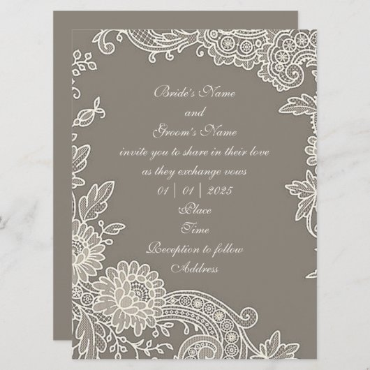 Deep Khaki Grey met Floral Scroll Wedding Kaart (Voorkant / Achterkant)