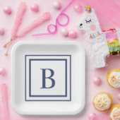 Deep Navy And White Square Border Monogram Papieren Bordje (Feest)