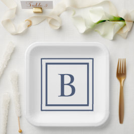 Deep Navy And White Square Border Monogram  Papieren Bordje