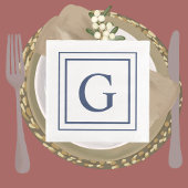 Deep Navy And White Square Border Monogram  Servet