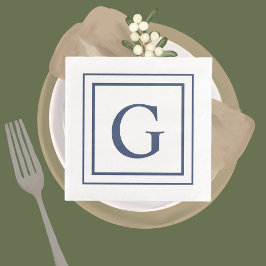 Deep Navy And White Square Border Monogram  Servet