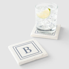Deep Navy And White Square Border Monogram  Stenen Onderzetter
