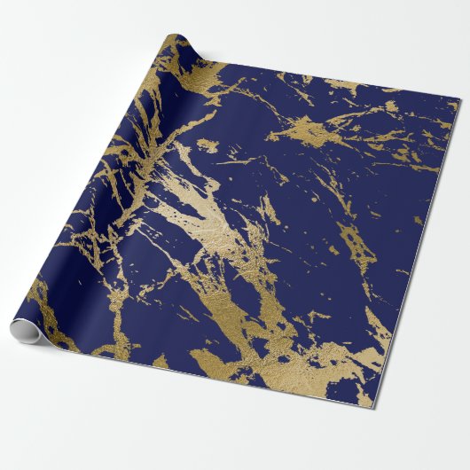 Deep Navy Blue Gold Marble Shiny Glam Cadeaupapier (Uitgerold)