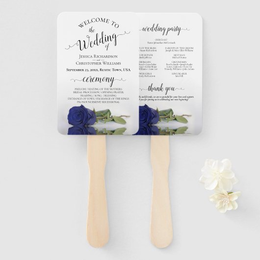 Deep Navy Blue Roos Elegant Wedding Programme Handwaaier (Voorkant en achterkant)