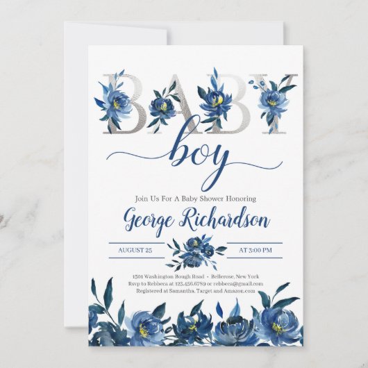 Deep Navy Floral and Silver Letters Baby Boho Kaart (Voorkant)