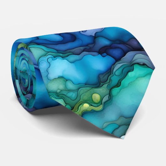 Deep Ocean Abstract Design in Teal and Blue Fluid  Stropdas (Opgerold)