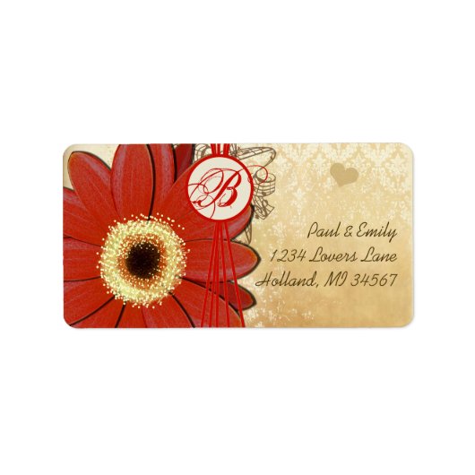 Deep Oranje Red Musical Gerber Daisy Monogram Etiket (Voorkant)