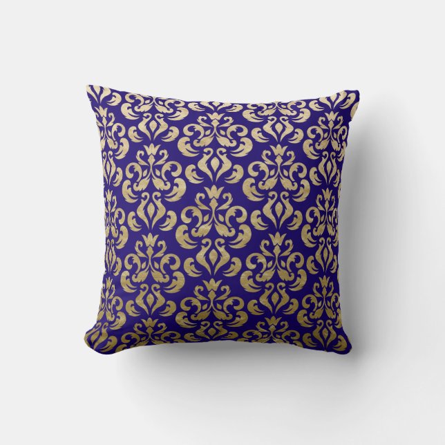 Deep Paars en Gold Foil Damask Pattern Kussen (Voorkant)