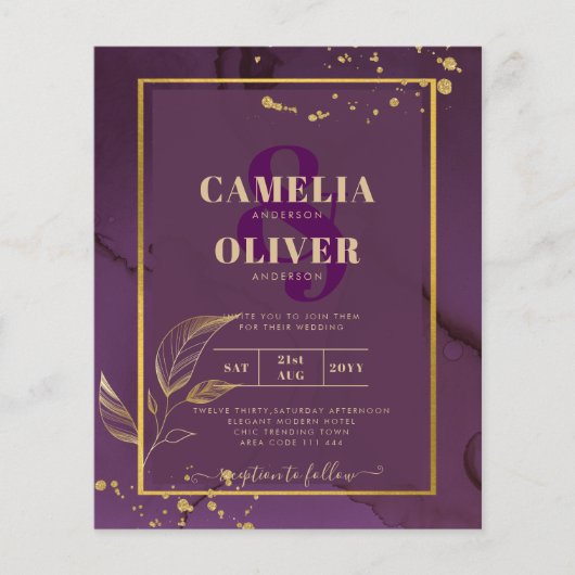 DEEP PAARSE GOLD LEAVES Wedding Invite Flyer (Voorkant)