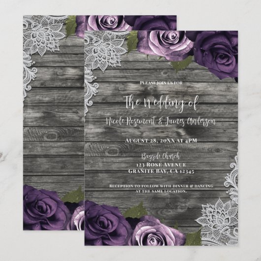 Deep Paarse Rozen Grijze Rustic White Lace Wedding Kaart (Voorkant / Achterkant)