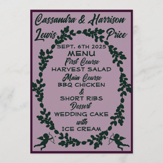 Deep Paarse rustieke bruiloft Menu (Voorkant)