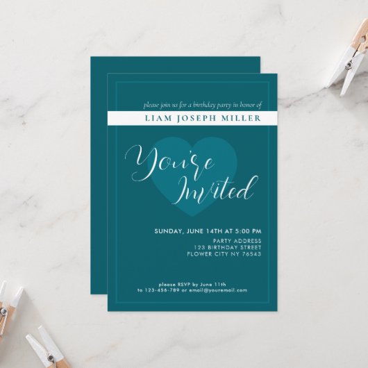 Deep Petrol Script personnalisé Invitation d'anniv (Devant/Arrière en situation)