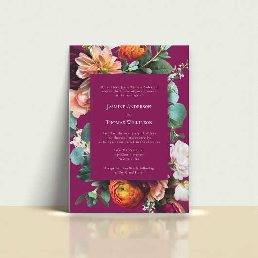 Deep Pink Floral Botanical Wedding Invitation Kaart