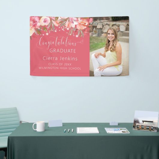 Deep Pink Floral String Light Afstuderen Banner (Beurs)