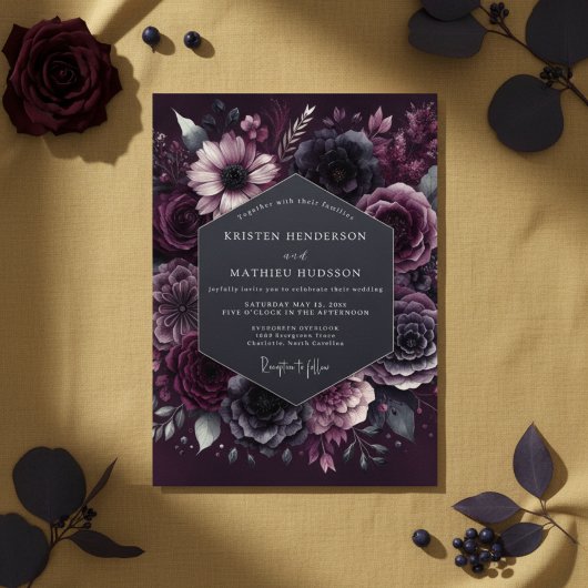 Deep Plum Moody Bloom Wedding Kaart