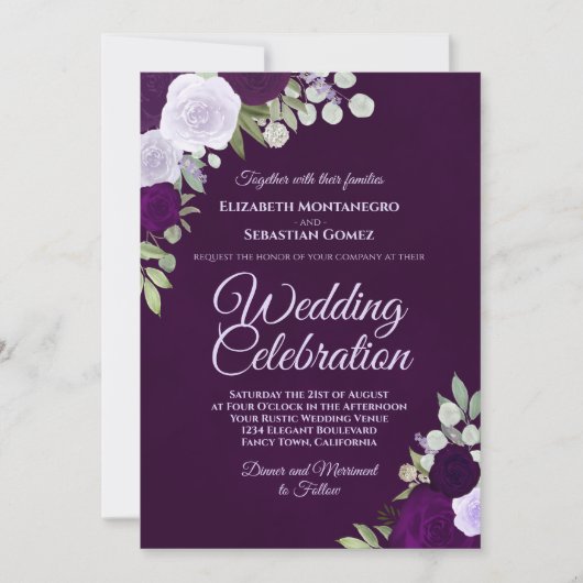 Deep Plum Paarse & Lavendel Boho Rozen bruiloft Kaart (Voorkant)