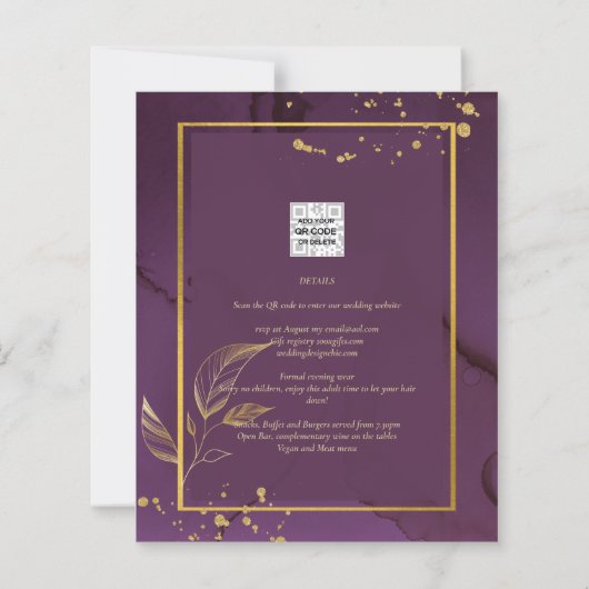DEEP PURPLE FEUILLES D'OR Invitation de mariage (Dos)