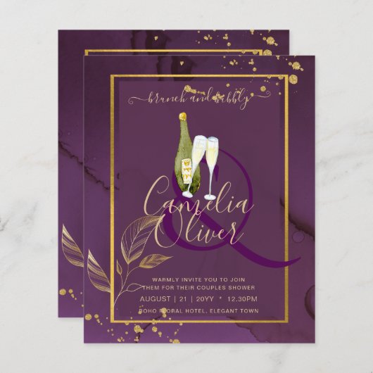 DEEP PURPLE FEUILLES D'OR Invitation de mariage (Devant / Derrière)