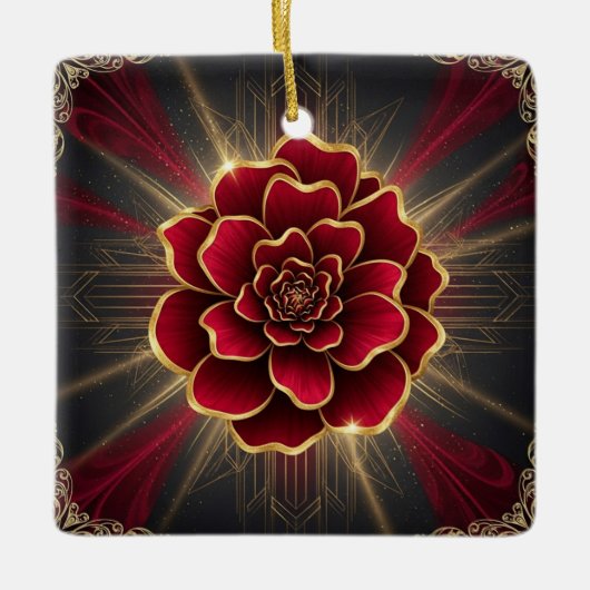 Deep Red Art Deco Flower Ornament with Gold Accent (Voorkant)