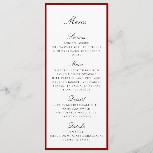 Deep Red Border Wedding Menu Card (Voorkant)