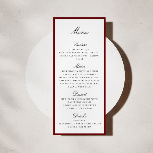 Deep Red Border Wedding Menu Card